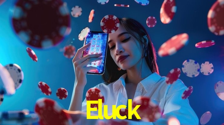 Escena dinámica inspirada en casino con iluminación Eluck, cartas, fichas e íconos de juegos digitales en un espacio moderno de juegos.