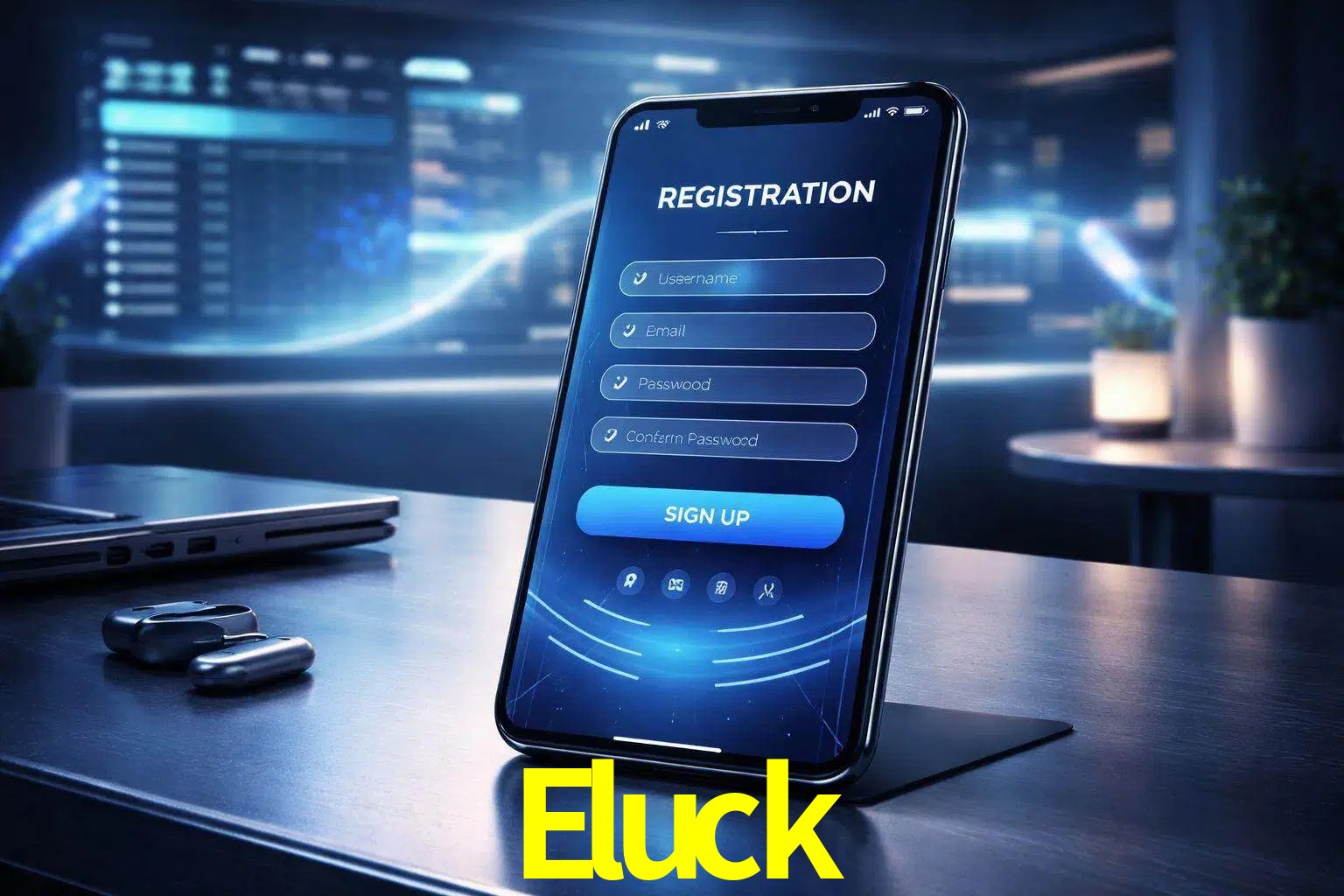 Una interfaz moderna de registro móvil para Eluck mostrada en un smartphone con un panel de apuestas elegante.
